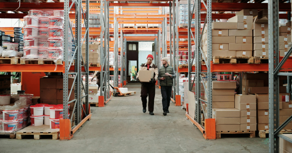Workers walking through warehouse