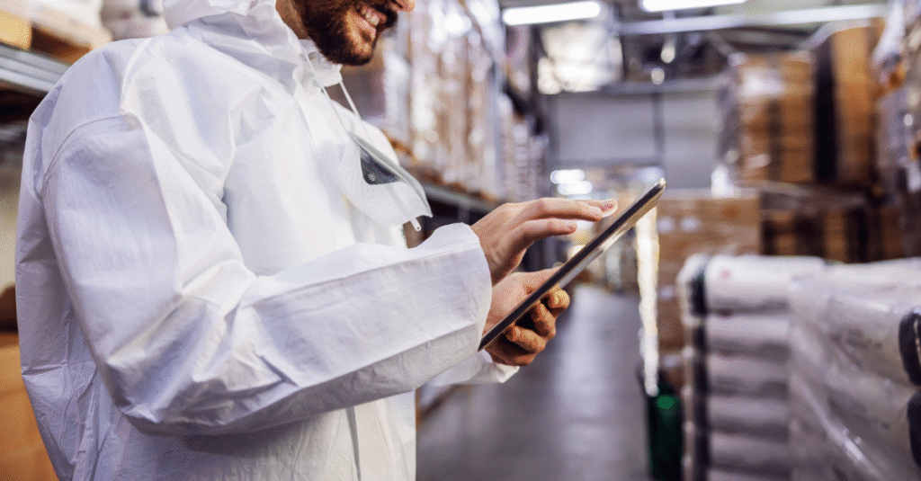 Young happy worker in sterile protective suit reading news on tablet and feeling good about disinfection warehouse