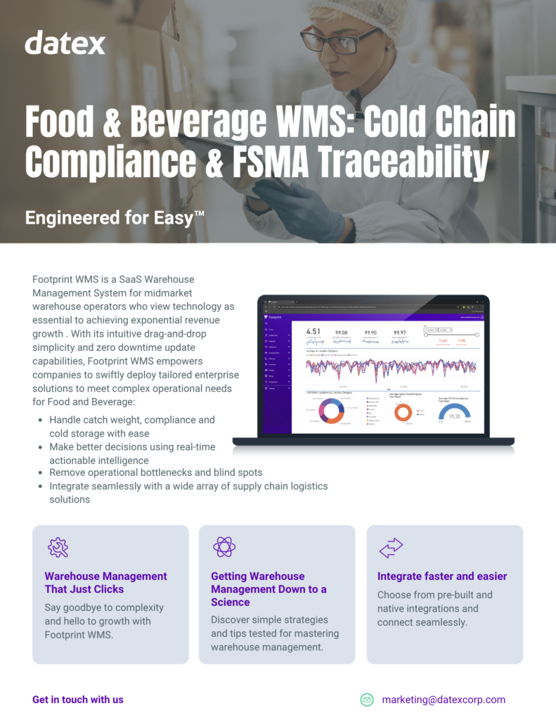 Food and Beverage WMS data sheet cover showing worker scanning boxes and Footprint WMS dashboard image