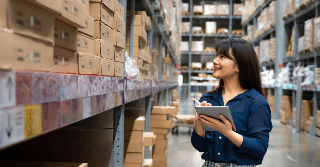 Young asian woman auditor looking up and checks the inventory by digital tablet