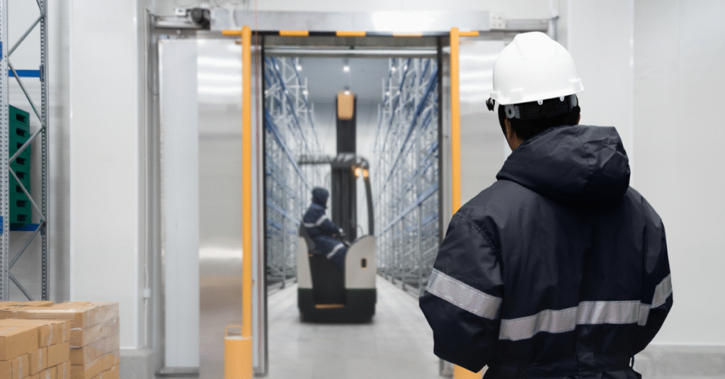 Staff worker control in freezing room or warehouse