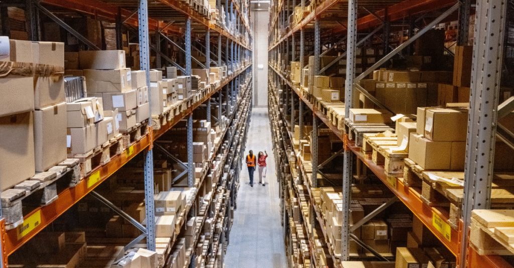 High angle view of a warehouse manager walking with foremen checking stock on racks