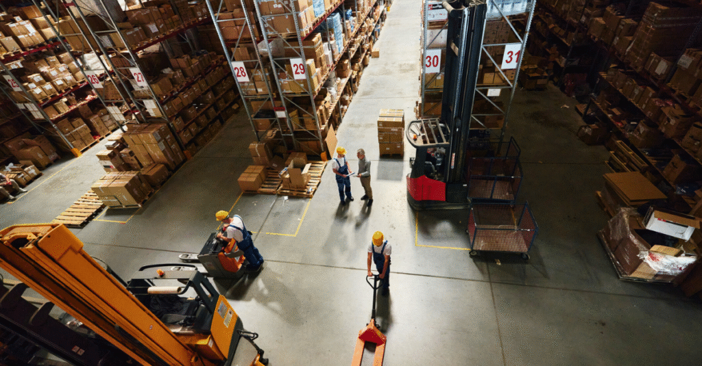 High angle view of team of workers and their manager working in distribution warehouse