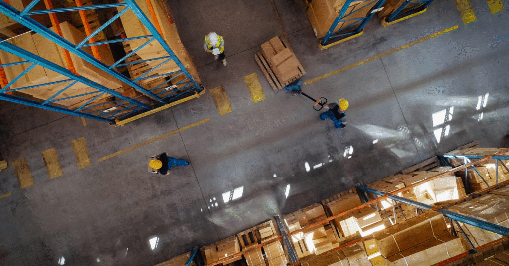 Top-Down View In Warehouse People Working, Forklift Truck Operator Lifts Pallet with Cardboard Box