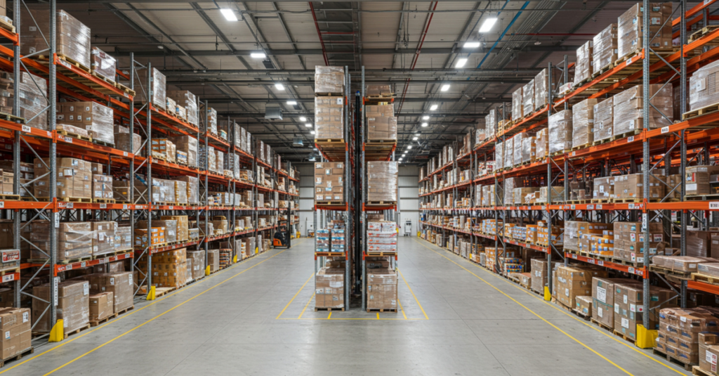 wide shot of three aisles in 3PL warehouse