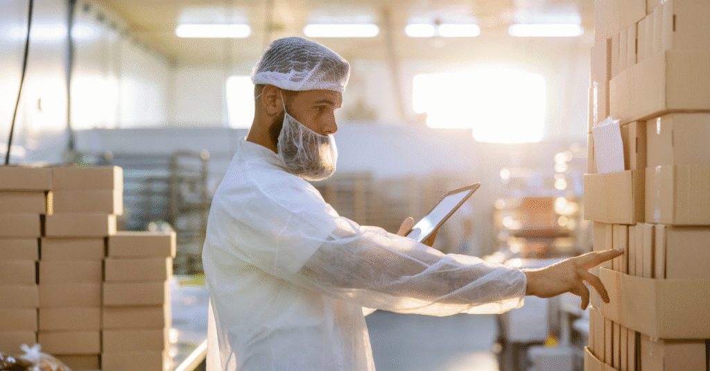 A young inspector in a white sterile uniform is standing in a factory next to boxes and counting them