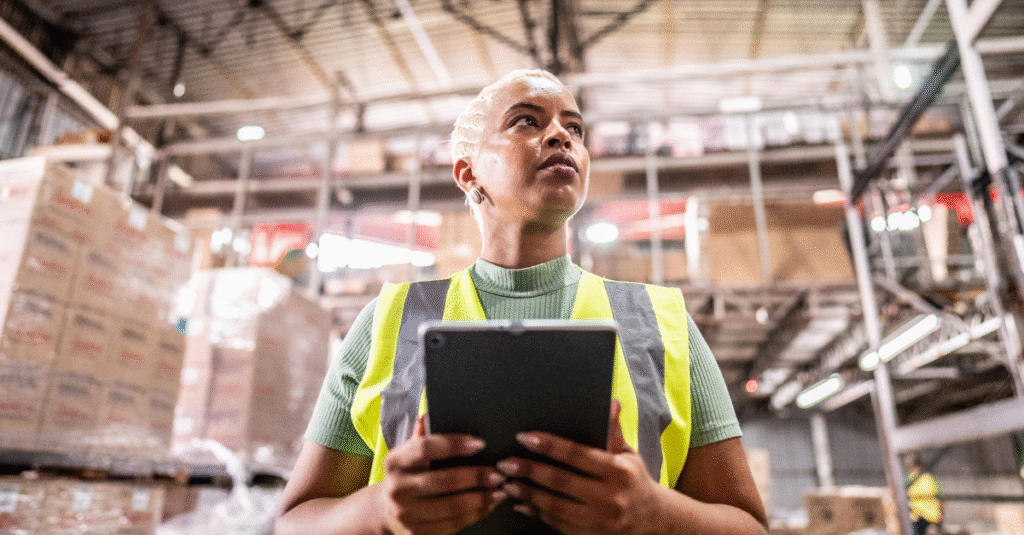 Mid adult woman working using digital tablet in a warehouse