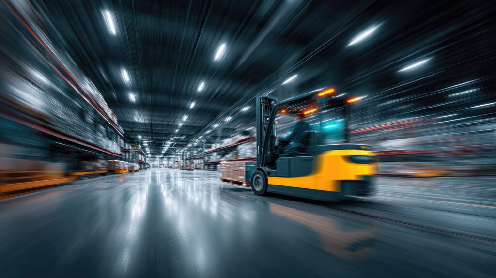 warehouse forklift in motion at cold storage facility