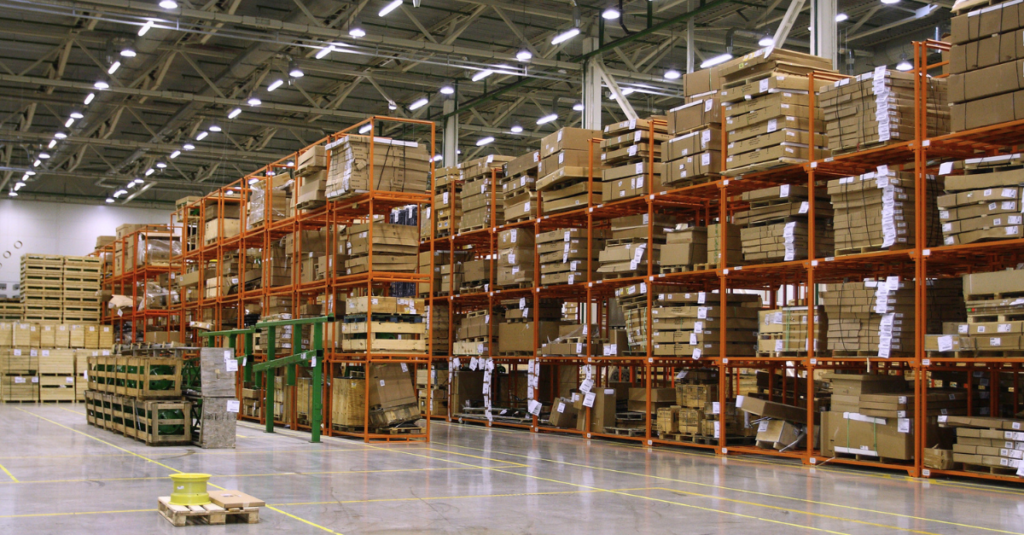 wide-shot of warehouse shelves