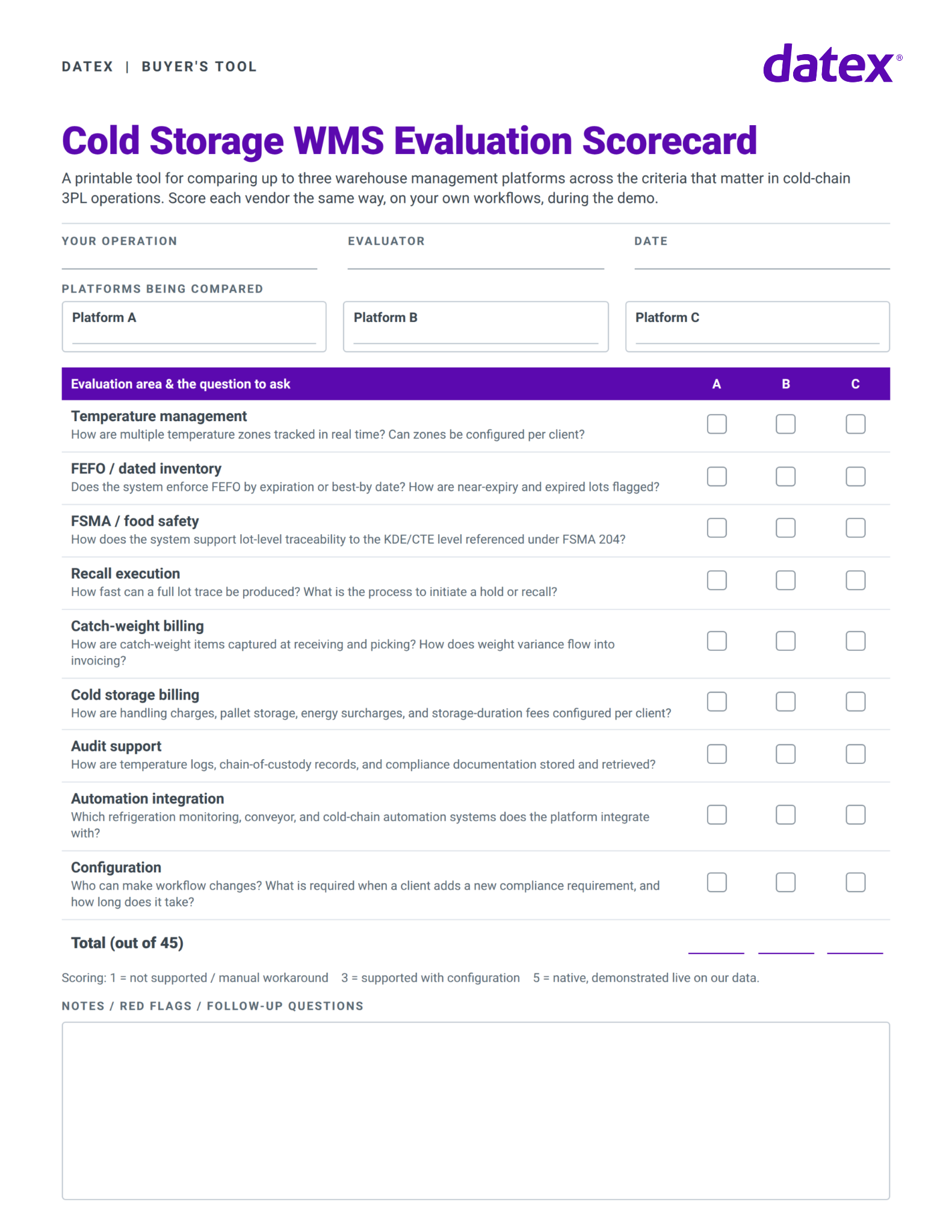 Cold storage WMS evaluation scorecard comparing three warehouse management platforms across nine cold-chain criteria: temperature zones, FEFO, FSMA traceability, recall execution, catch-weight billing, and audit support.