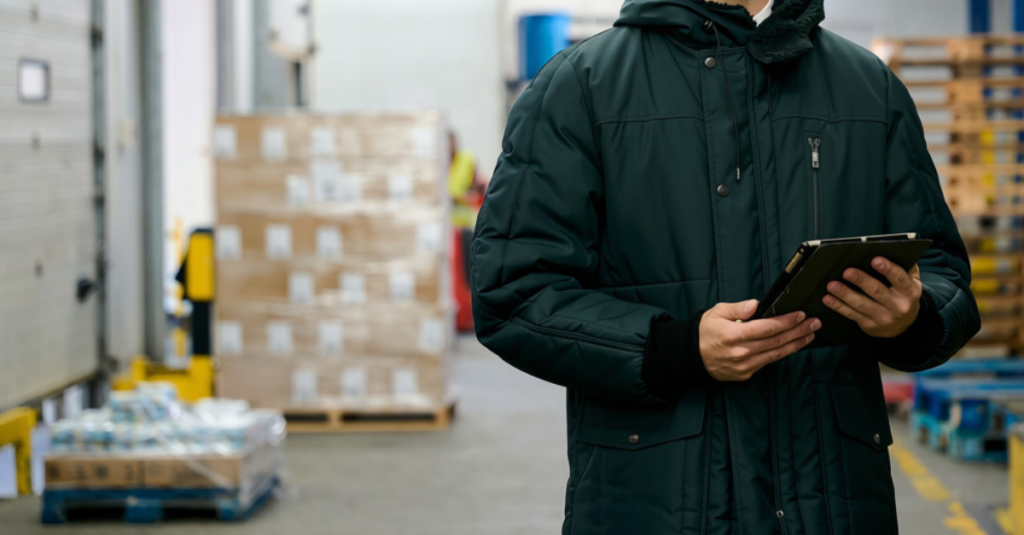 Person in insulated jacket using tablet in warehouse with palletized inventory and cold storage environment