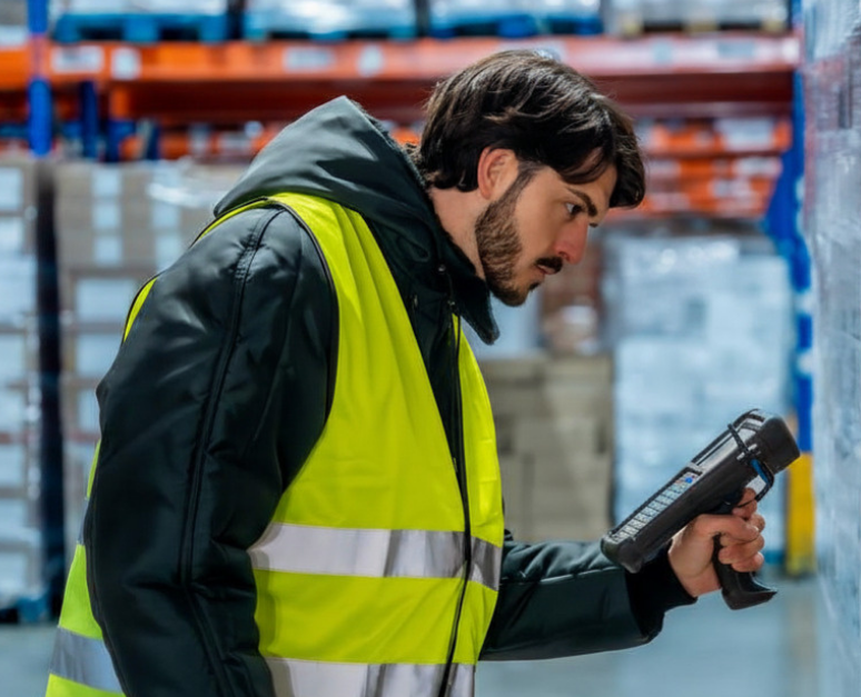 Cold storage warehouse worker scanning inventory with a handheld device.