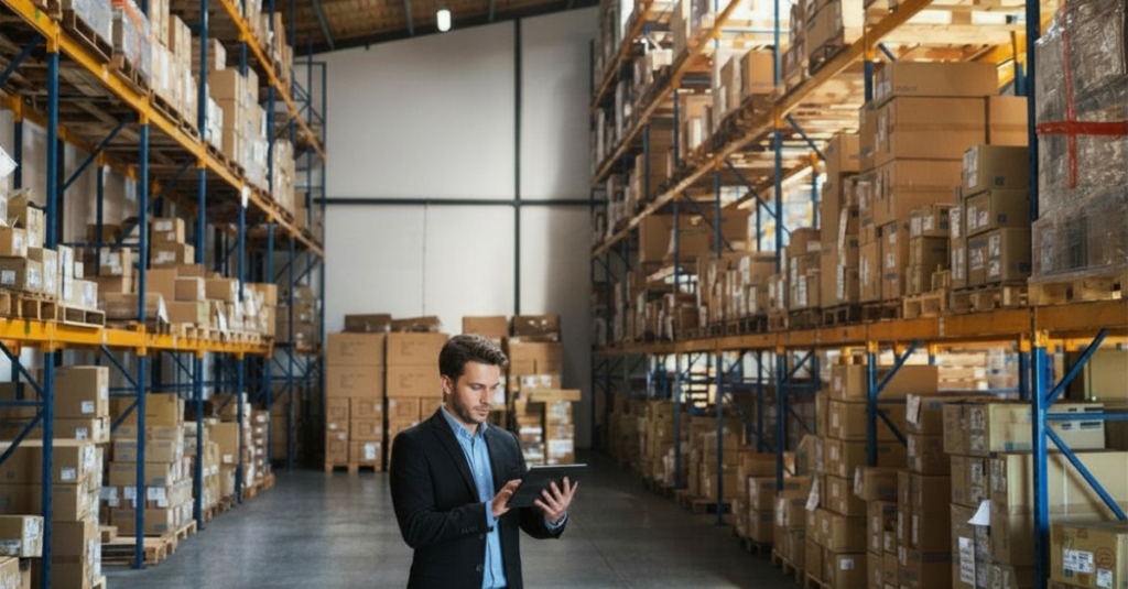 Person using tablet in warehouse aisle with tall pallet racking and boxed inventory stored on shelving