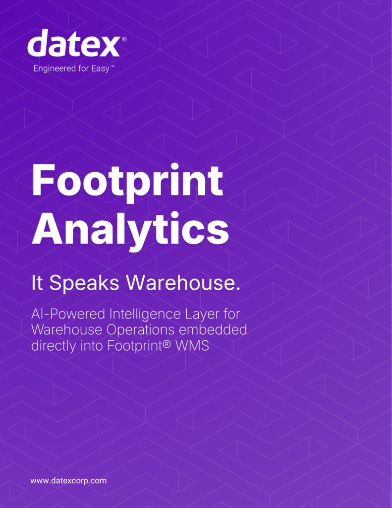 Cover of the Datex Footprint Analytics brochure featuring a purple branded background and text promoting an AI-powered intelligence layer embedded in Footprint WMS for warehouse operations.