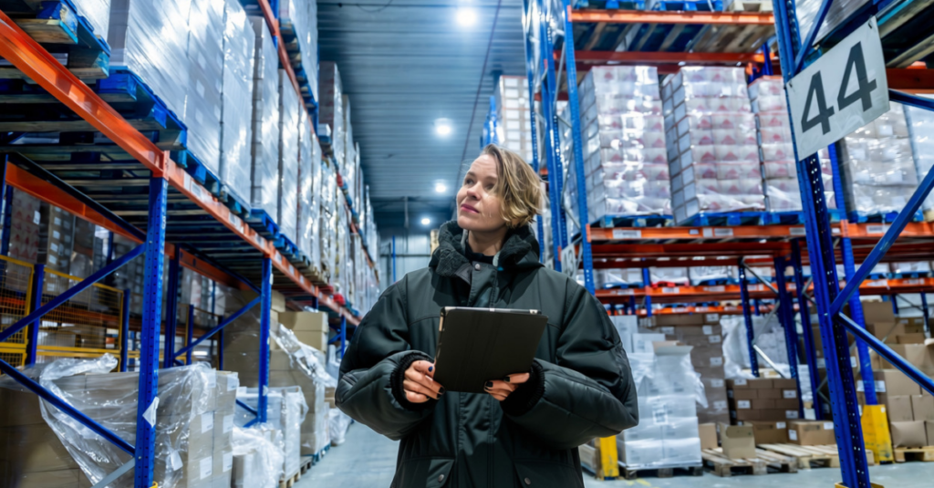 Person holding tablet in warehouse aisle with tall pallet racking and palletized inventory stored on shelving