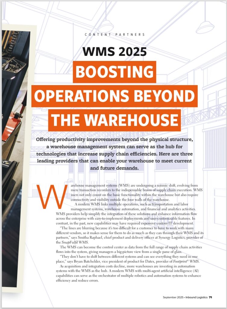 Cover page of an Inbound Logistics feature titled "WMS 2025: Boosting Operations Beyond the Warehouse," discussing how warehouse management systems support supply chain efficiency, automation, visibility, and operational performance.