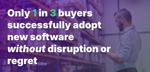 Graphic stating ‘Only 1 in 3 buyers successfully adopt new software without disruption or regret’ over warehouse background