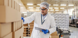 Person in lab coat and hairnet inspecting boxed inventory in regulated production facility