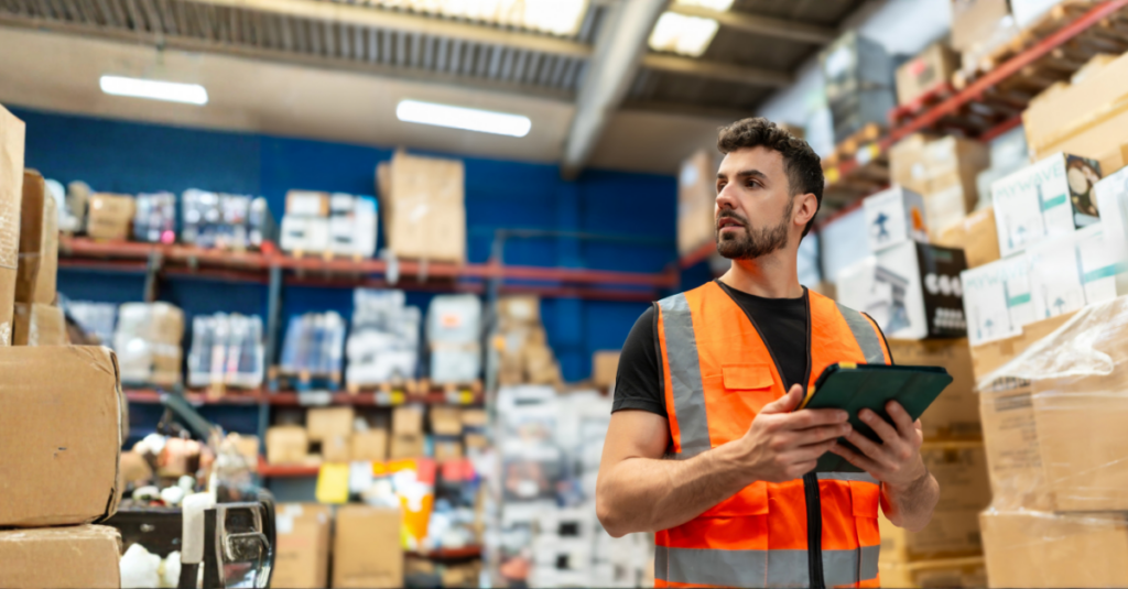 Person holding tablet in warehouse with stacked boxes and palletized inventory