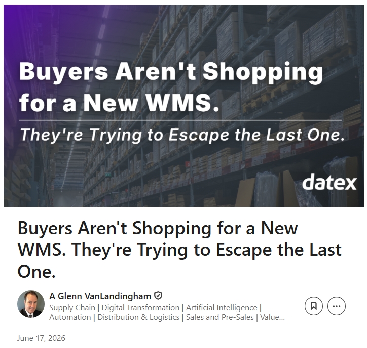 Graphic stating ‘Buyers Aren’t Shopping for a New WMS. They’re Trying to Escape the Last One.’ over warehouse racking