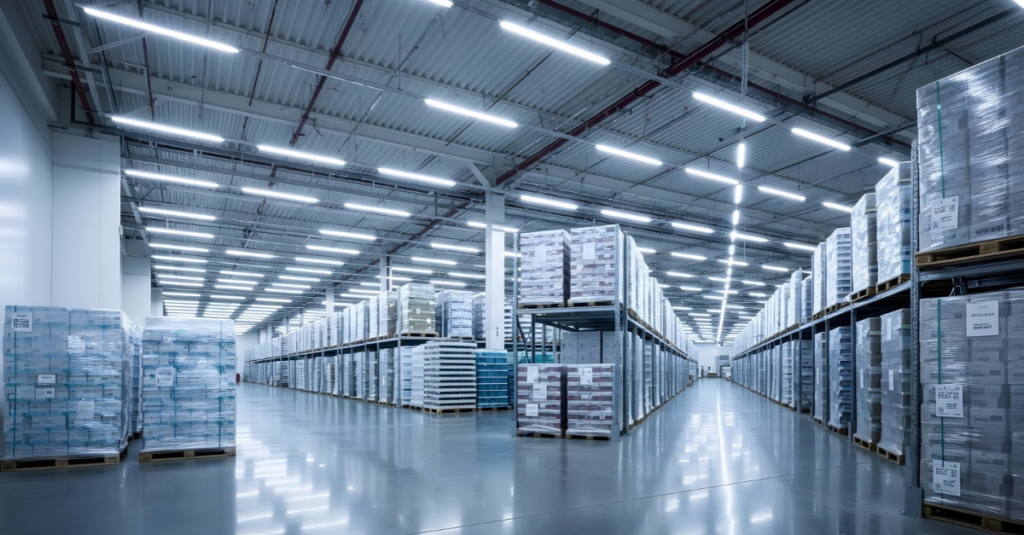 Cold storage warehouse with rows of palletized inventory wrapped in plastic on industrial racking