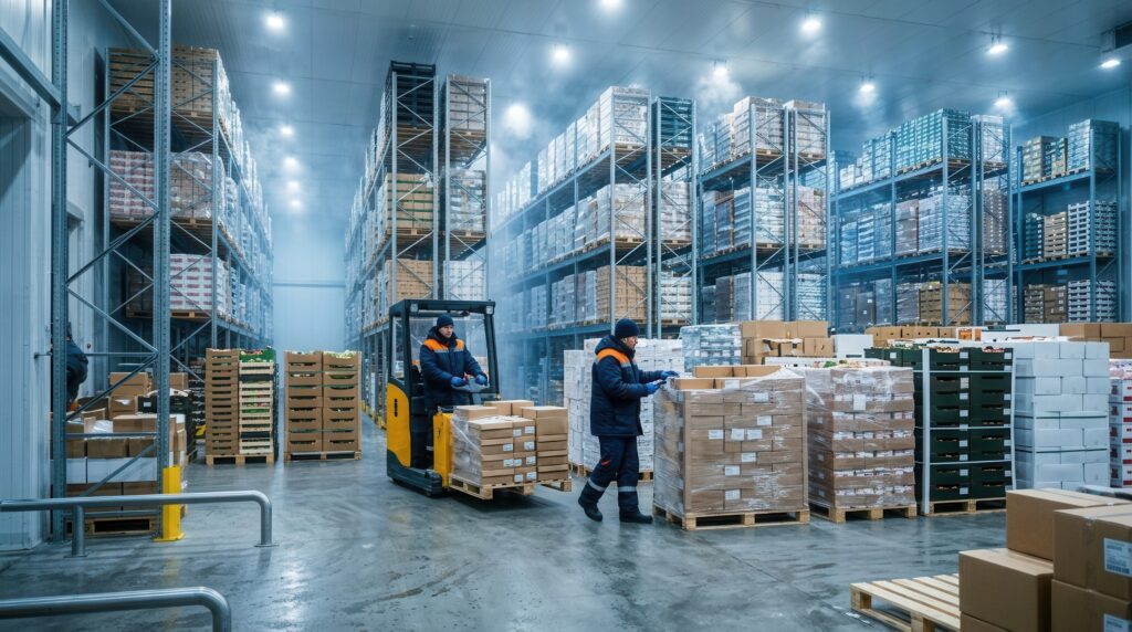 Industrial cold storage warehouse filled with stacked goods and workers operating a forklift and moving pallets, representing efficient logistics and supply chain operations, perfect for business and distribution contexts.