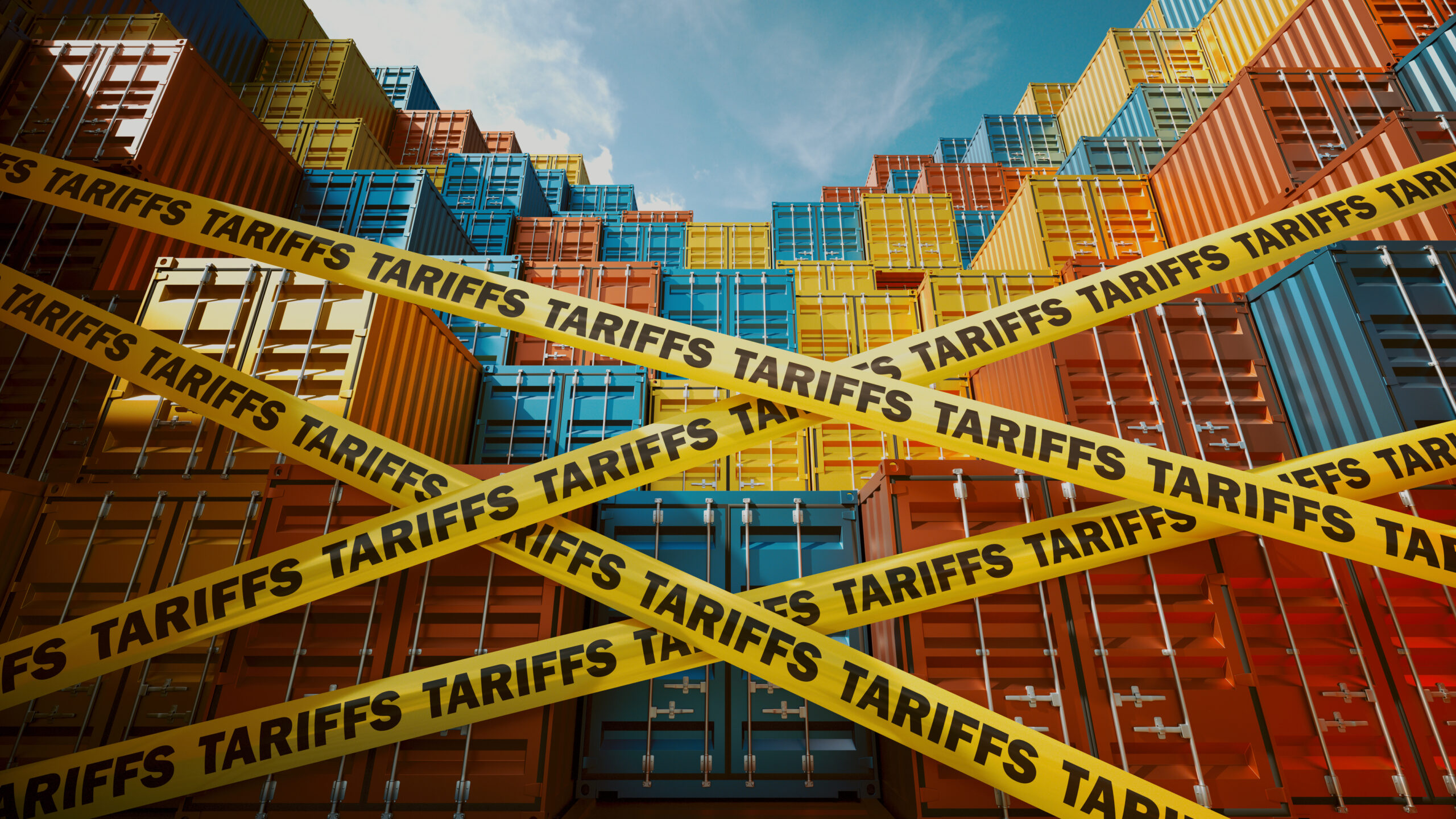 Shipping Containers Blocked by Tariffs Symbolized with Warning Tape