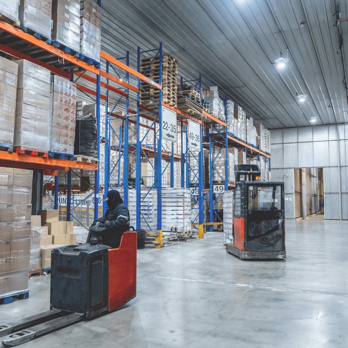 AI in Action Smarter Warehouse Forecasting Workers operating forklifts in cold storage logistics warehouse