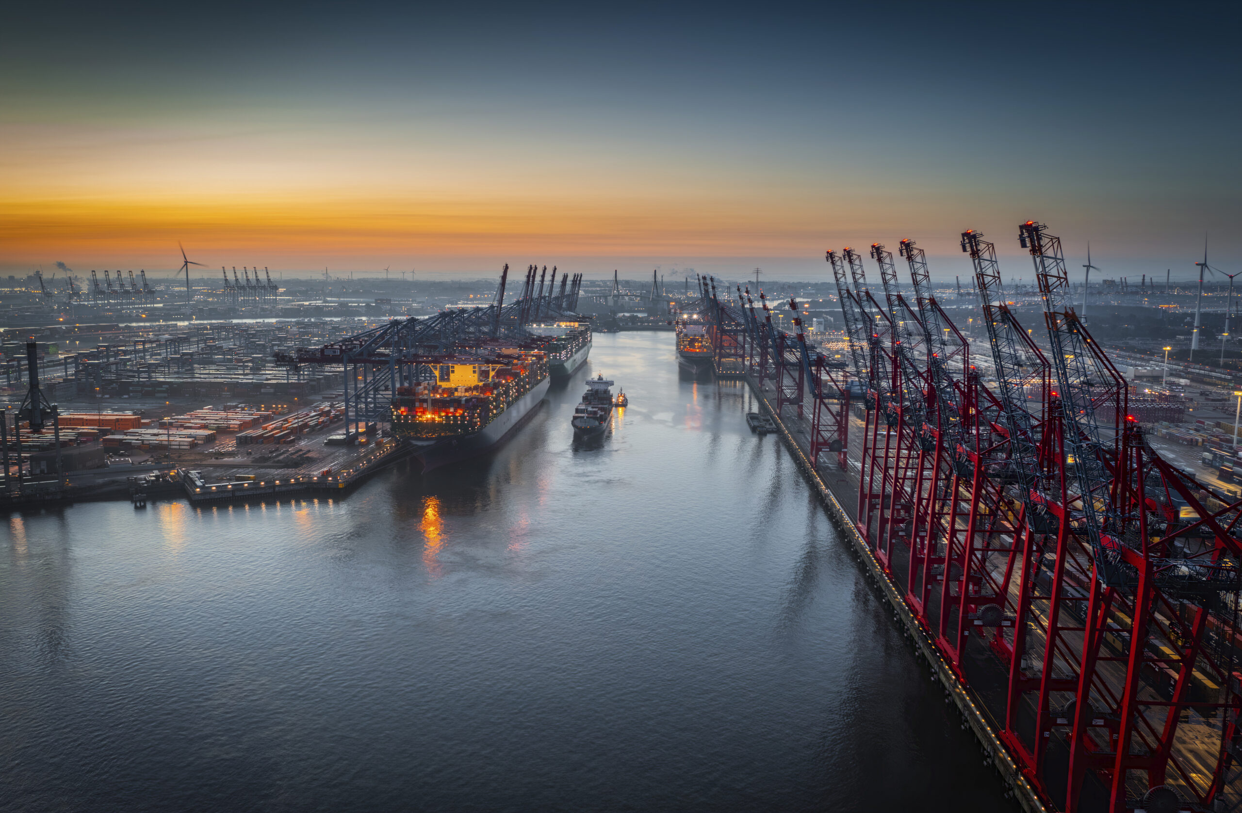 Aerial view industrial port with container port in Hamburg