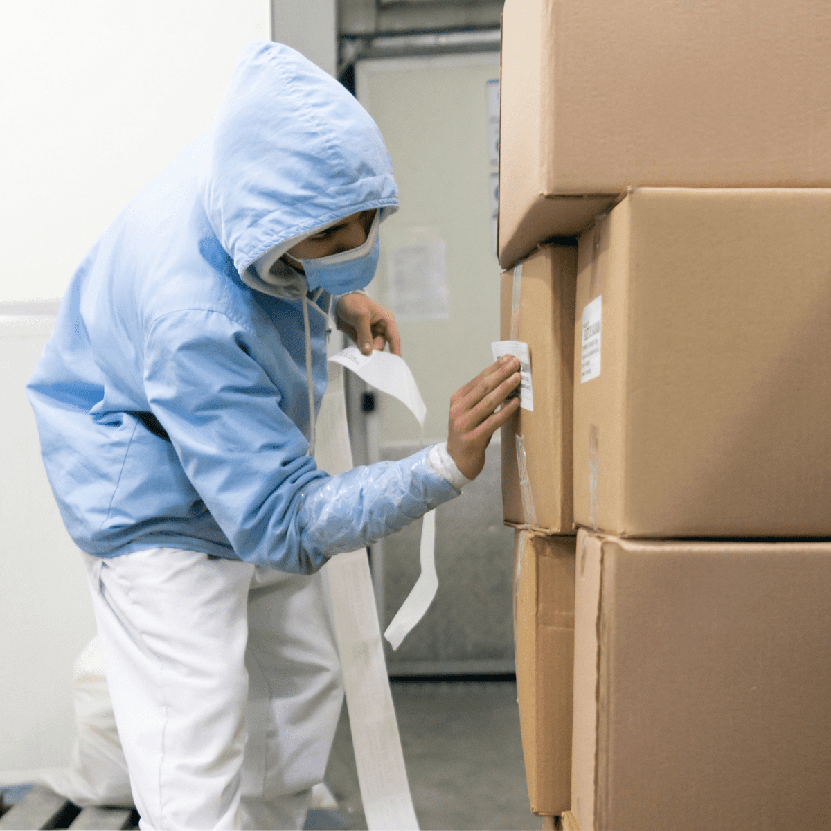 Cold Storage worker adding labels to boxes
